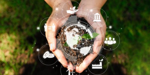 ESG icon concept circulating in the hands of young women for Environment, Society and Governance SG ESG Forest Conservation Concept Environmental, Social and Governance Concepts